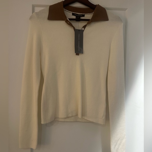 Sweaters - French Connection Cream Sweater with Brown Collar
